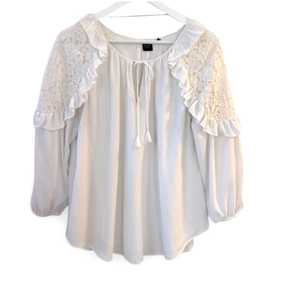 Kaari Blue Winter White Lace Shoulder Ruffle prairie Blouse tie M